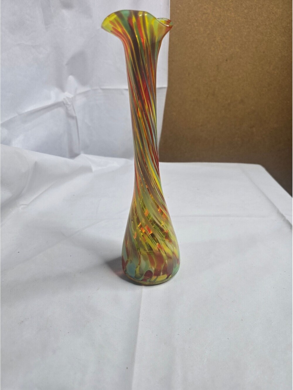 Vintage 10" Hand Blown Swirled Art Glass Bud Vase - Colorful